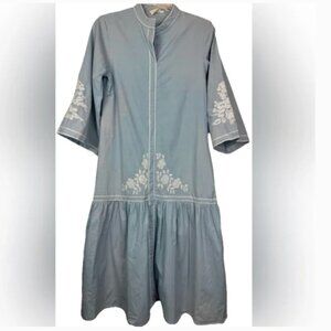 Julia Amory Nantucket Blue Long Sleeve Embroidered Caftan Dress 100% Cotton